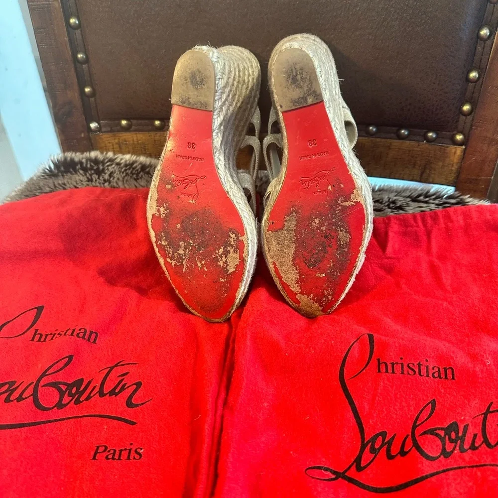 Christian Louboutin Gold Metallic Canvas Delfin 120 Espadrille Wedges Shoes, 38 - Picture 7 of 11